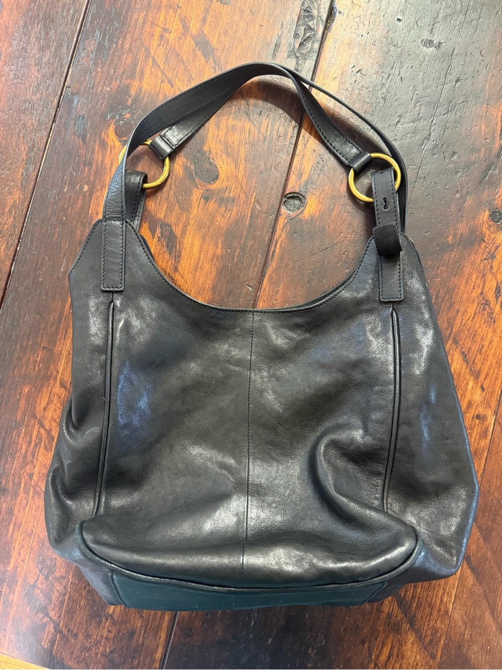 Frye Black Leather Shoulder Bag with Gold Rings